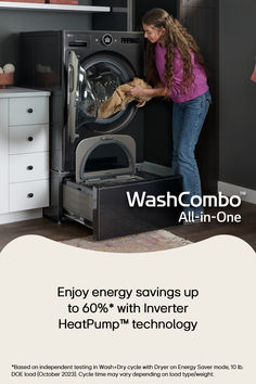 Enjoy energy savings up to 60%* with Inverter HeatPump™ technology *Based on independent testing in Wash+Dry cycle with Dryer on Energy Saver mode, 10 lb. DOE load (October 2023). Cycle time may vary depending on load type/weight. Lg Washer And Dryer, House Laundry Room, Lg Washer, Stackable Washer And Dryer, Dream Laundry Room, Laundry Solutions, Laundry Room Renovation, Laundry Room Inspiration, Energy Saver