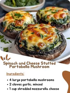 spinach and cheese stuffed mushrooms on a plate with instructions for how to make them