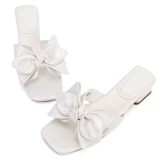 PRICES MAY VARY. Material: Faux leather, synthetic Sole These vintage elegant slides sandals features bow tie front decro, chunky block high heels, make you comfortable wear all day, also make your legs looked more skinner and longer, great for shopping, date, street, office work, cocktail, prom, formal, or as daily wear. Slip on closure cute mid low heels mule sandals, backless, side cutout and bow knotted details, with black, khaki, white, pearlescent white, beige 5 colors selections. Season: Dama Shoes For Quince, Sandals With Bows, Cute White Shoes For Women, Flat Bride Shoes, Hoco Shoes Short Heels, White Small Heels, Homecoming Shoes Flats, Wedding Slippers For Bride, Cute Shoes White