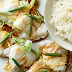 some food is on a white plate with rice and green onions in the bowl next to it