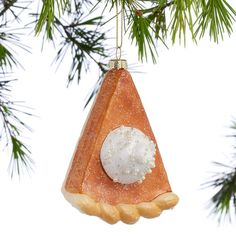 a christmas ornament hanging from a pine tree with snow on it's top