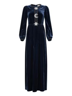 Camille Embellished Sun Moon Star Long Dress in Dark Navy – SALONI Magical Clothing, Ball Outfits, Ankle Length Skirt, Full Length Skirts, Sun Moon Stars, Ankle Length Dress, Cap Fashion, Full Length Dress, Moon And Star