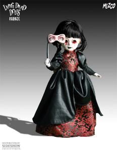 a doll dressed in black and red is holding an umbrella with her eyes closed,