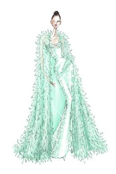 a drawing of a woman in a green dress with feathers on it's cape