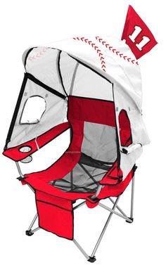 a red and white chair with a baseball hat on it