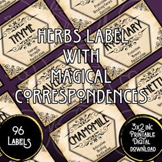 labels with the words, herbs label and magic correspondences in black on purple background