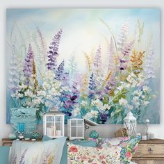 a bedroom with flowers painted on the wall