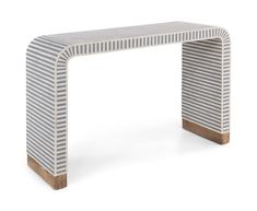 a white and grey striped console table with wooden legs, on an isolated white background