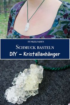 a woman is wearing a necklace with crystals on it and the words, schmuck basteln diy - kristalhanangerer