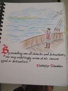 a drawing of a man standing on a pier with a fishing rod in his hand