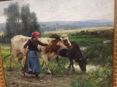 a painting of a woman tending to two cows