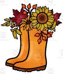 an orange rubber boot with sunflowers and berries on the inside, painted by hand