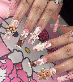 Hello Kitty Nails, Long Acrylic, Unique Acrylic Nails, Bling Acrylic Nails, Kawaii Nails, Acrylic Nails Coffin Short, Gem Nails