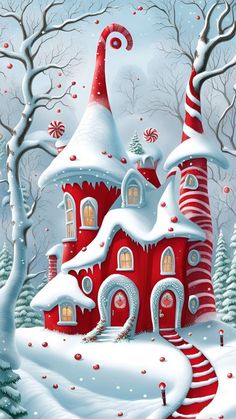 a painting of a red house in the snow with candy canes on its roof