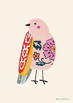 a pink bird holding a candy bar in its beak