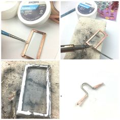 four different pictures showing the process of making a metal frame with scissors and glues