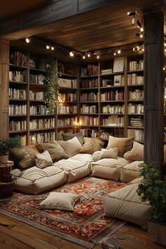 a living room filled with lots of furniture and bookshelves covered in light bulbs