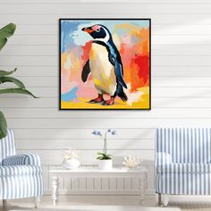 a penguin is standing in the living room