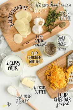 the ingredients to make this recipe include cheese, potatoes and other things on a cutting board