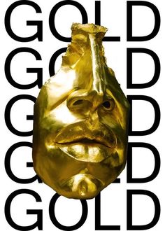 a gold mask on top of a black and white background with the words gold god above it