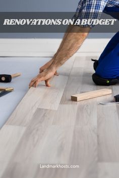 a man working on an unfinished floor with the words renovations on arrudgett