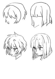 four different anime hair styles for the character's face and head, one with long bangs