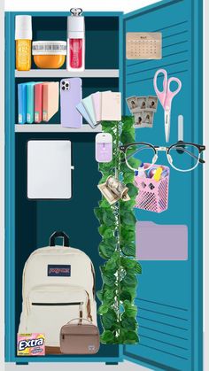 an open blue door with some items on the shelf next to it and a backpack