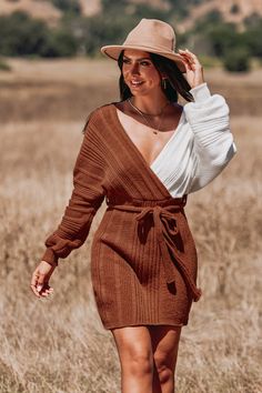 Embrace the fall vibes with our Autumn Leaves Belted Sweater Dress. This chic dress boasts a stylish colorblock design in burnt orange and white, wrap construction, and a self-tie sash, making it the perfect choice to capture the essence of the season while staying comfy and stylish. Product code: CAA06C3J004JC Features:  Ribbed knit Surplice neckline Self-tie sash belt Long dolman sleeves Wrap design Mini Wash Method: Regular Wash Material: 52%ACRYLIC,28%NYLON,20%POLYESTER. Winter Western Dresses, Autumn Crochet Clothes, Sweater Dress With Boots, Fall Knitting, Belted Sweater, Trendy Boots, Swimwear Beach, Surplice Neckline, Sash Belt