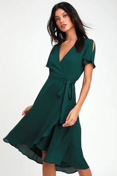 Lovely Emerald Green Wrap Dress - Midi Wrap Dress - Midi Dress - Lulus Green Dress Outfit, Green Wrap Dress, Emerald Green Dresses, Green Wrap, Midi Wrap Dress, Green Midi Dress, Dress Midi, Lulu Dresses, Sweet Dress