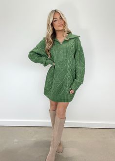 Indulge in luxury with our Green Quarter Zip Sweater Dress. This chic and elevated dress features a collared neck and quarter zip detail, adding a touch of sophistication to your winter wardrobe. Its soft and stretchy knit makes it perfect for layering, and its vibrant green color makes it versatile for any occasion. Cozy up for dinner, drinks, shopping, or a brunch date, and stay on-trend with this textured and sweet piece. Self 100% Acrylic Hand wash cold. Green Quarter Zip, Dinner Drinks, Green Knit Sweater, Quarter Zip Sweater, Knit Sweater Dress, Vibrant Green, Zip Sweater, Winter Wardrobe, Dresses Xs