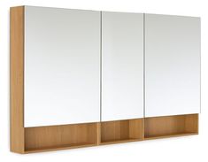 a wooden cabinet with three mirrors on it's sides and two doors to each side