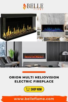 an electric fireplace with the words belie flame on it and pictures of fire place