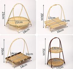 four different types of baskets with measurements for each basket and the same type of tray