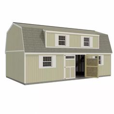 a two story garage with the door open