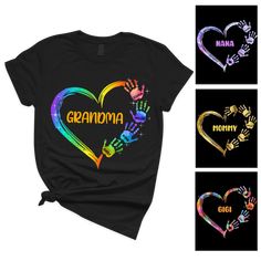 Custom Shirt - Create a unique and personalized gift for mom or grandma with the Custom Colorful Heart Hand Print Shirt. Customizable with up to 10 (grand)children's names and handprints in a heart shape. High Quality - Made from soft and breathable 100% cotton material for a comfortable and flattering fit, which is comfy and skin-friendly. High-quality printing ensures the design stays vibrant and beautiful, even after multiple washes, making it a gift that can be cherished for years to com... Heart Hand Print, Hand Print Shirt, Hand Printed Shirt, Mom Necklace Personalized, The Palms, Grandma Shirts, Thanksgiving Ideas, Heart Hands, Mom And Grandma