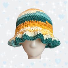 * handmade with acrylic yarn 🧶✨ * made with blue, yellow, and orange colors  and features a wavy brim 💘 * adult sized - measures about 23 inches in circumference Yellow Knitted Crochet Hat For Spring, Yellow Crochet Yarn Cap, Yellow Yarn Crochet Cap, Yellow Crochet Cap Hat, Yellow Crochet Bucket Hat One Size, Yellow One Size Brimmed Crochet Hat, Yellow One-size Brimmed Crochet Hat, Yellow Yarn Hat With Curved Brim, Yellow Brimmed Crochet Hat One Size