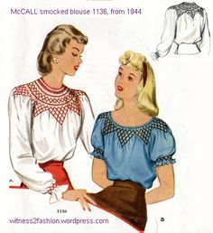 Peasant Blouse Pattern, Peasant Blouses Pattern, Smocking Pattern, 1940 Style, Forties Fashion, 1940's Fashion, Winter Blouses, Smocking Patterns, Smocked Blouse