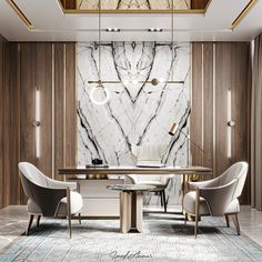 an elegant dining room with marble walls and flooring, along with two white chairs