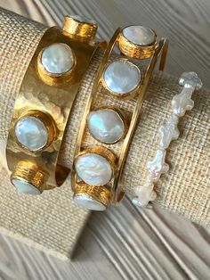 Timeless and glamorous. Freshwater pearl cross stretchy bracelet. Made in United States by M Donohue Collection. Byzantine Bracelet, Bracelet Cuffs, Mother Of Pearl Bracelet, Pearl Bangle Bracelet, Statement Cuff Bracelet, Pearl Cuff Bracelet, Chunky Pearls, Metal Smithing, Pearl Cuff