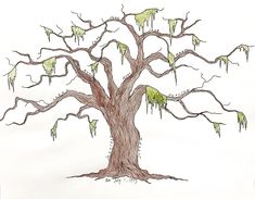 a drawing of a tree with green moss hanging from it's leaves and branches