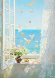 a painting of a vase with flowers and butterflies flying over the ocean from an open window