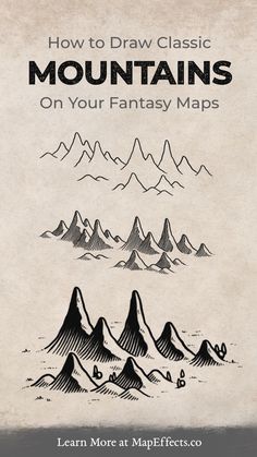 Tutorial on how to draw classic mountains on your fantasy map. Tolkien Style Map, How To Draw A Portal, Fantasy Map Icons, Fantasy Mountains, Draw Map, Maps Drawing, Map Effects, Fictional Maps, Drawing Mountains