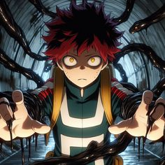 an anime character with red hair and green eyes standing in front of a giant spider