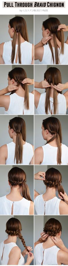 Pull Through Braid Chignon for a wedding or on a date <3 Hair Pull, Braided Chignon, Chignon Hair, Braid Hairstyle, Step By Step Hairstyles, A Ponytail, Hair Tutorials Easy, Short Hairstyle