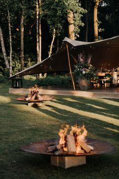 a fire pit sitting on top of a lush green field