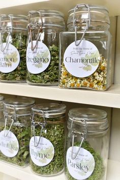 jars filled with different types of herbs and labels on the top one is labeled chamomile