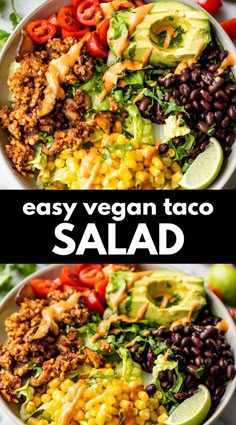 an easy vegan taco salad with black beans, corn and avocado