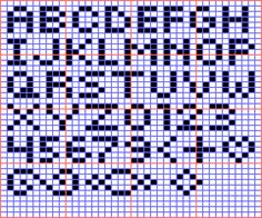 a cross stitch pattern in blue and red with white squares on the bottom, and an orange border