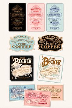 six different types of business cards are shown in this graphic design style, including one for coffee and the other for beverage