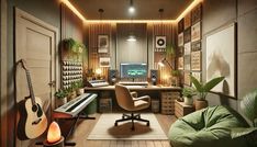 a home recording studio with lots of sound equipment and plants in the corner, along with a green bean bag chair